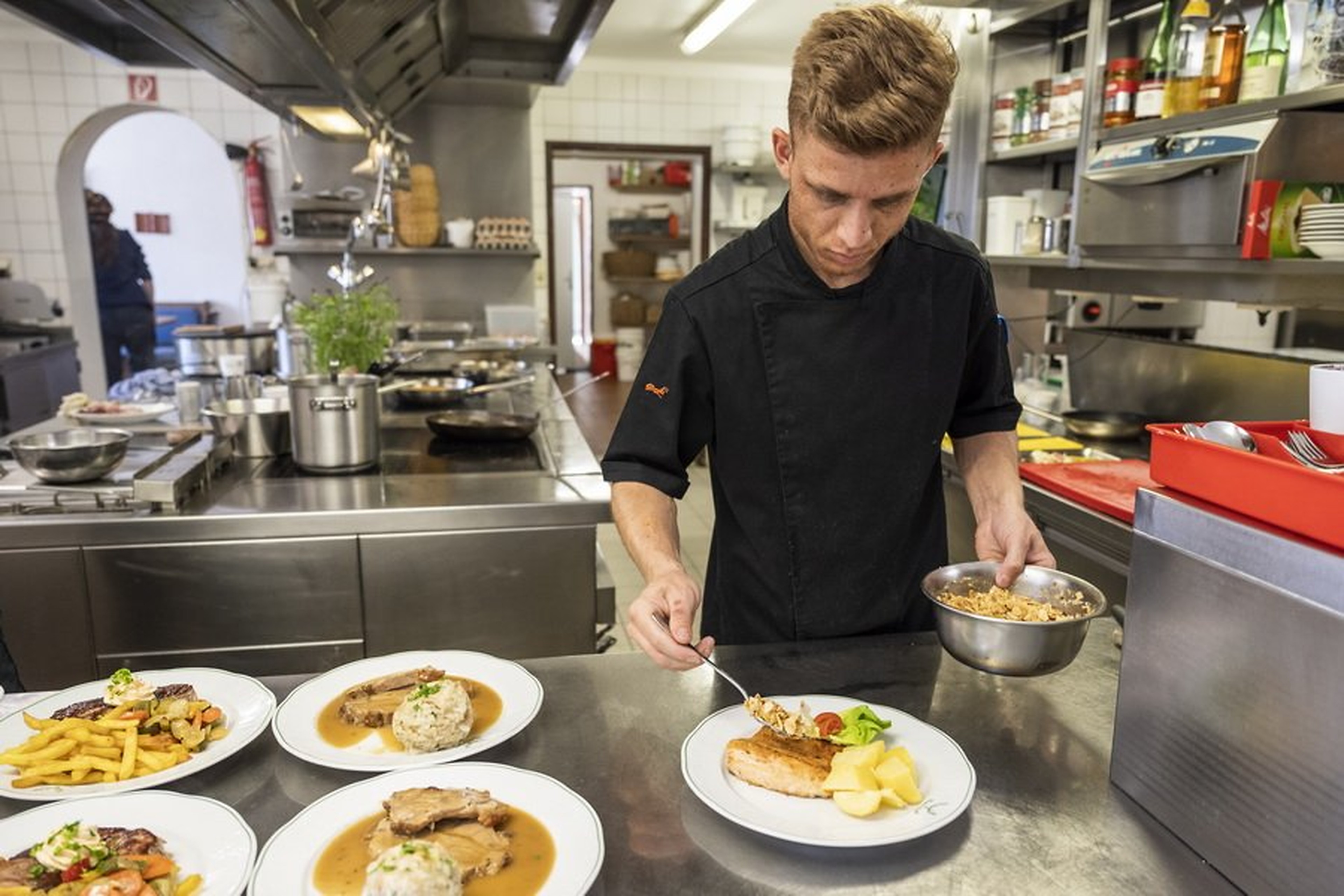 Chef plating in a professional kitchen — high-resolution reference photography
