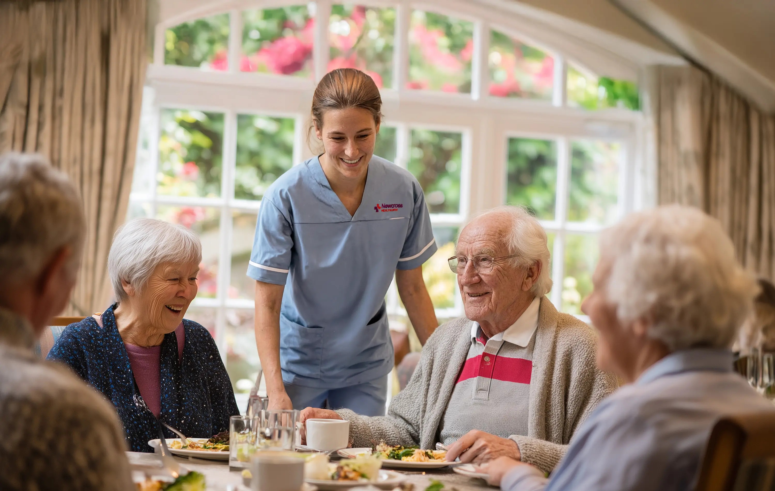 Care catering professional preparing meals in a bright dining service environment